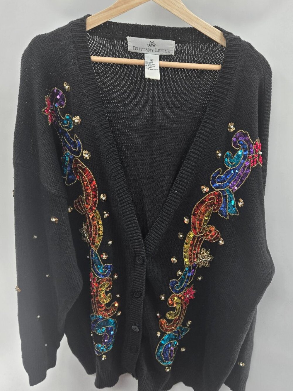 Vintage 80s 90s Brittany Leigh Black Sequin Paisley Floral Knit Cardigan Size 2x